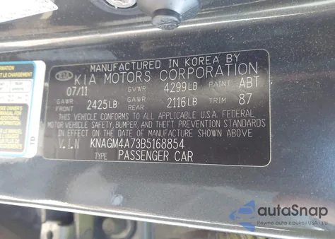 2011 Kia Optima Lx из США, поврежденный, VIN KNAGM4A73B5168854